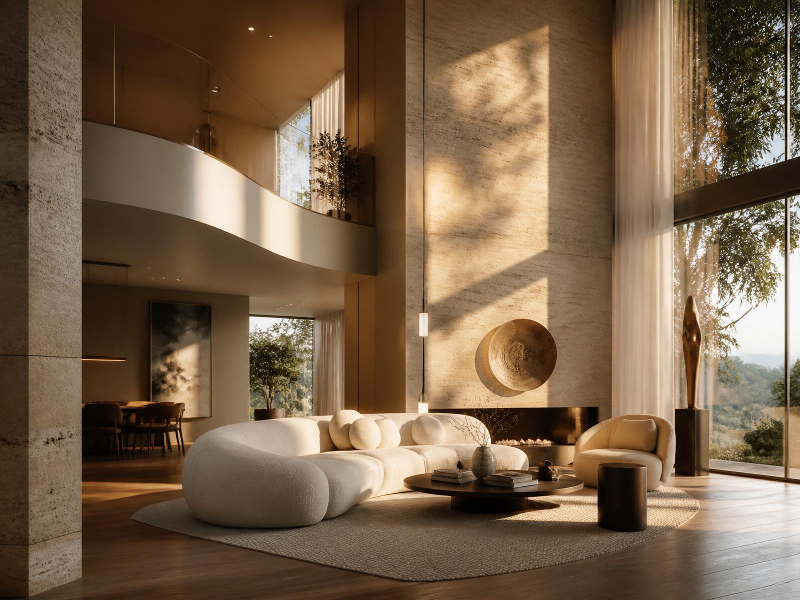 Modern luxury interior with travertine walls and golden light